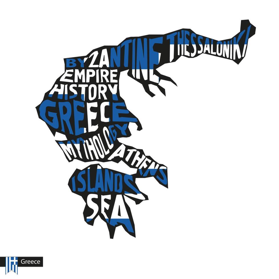 Typography map silhouette of Greece in black and flag colors. vector