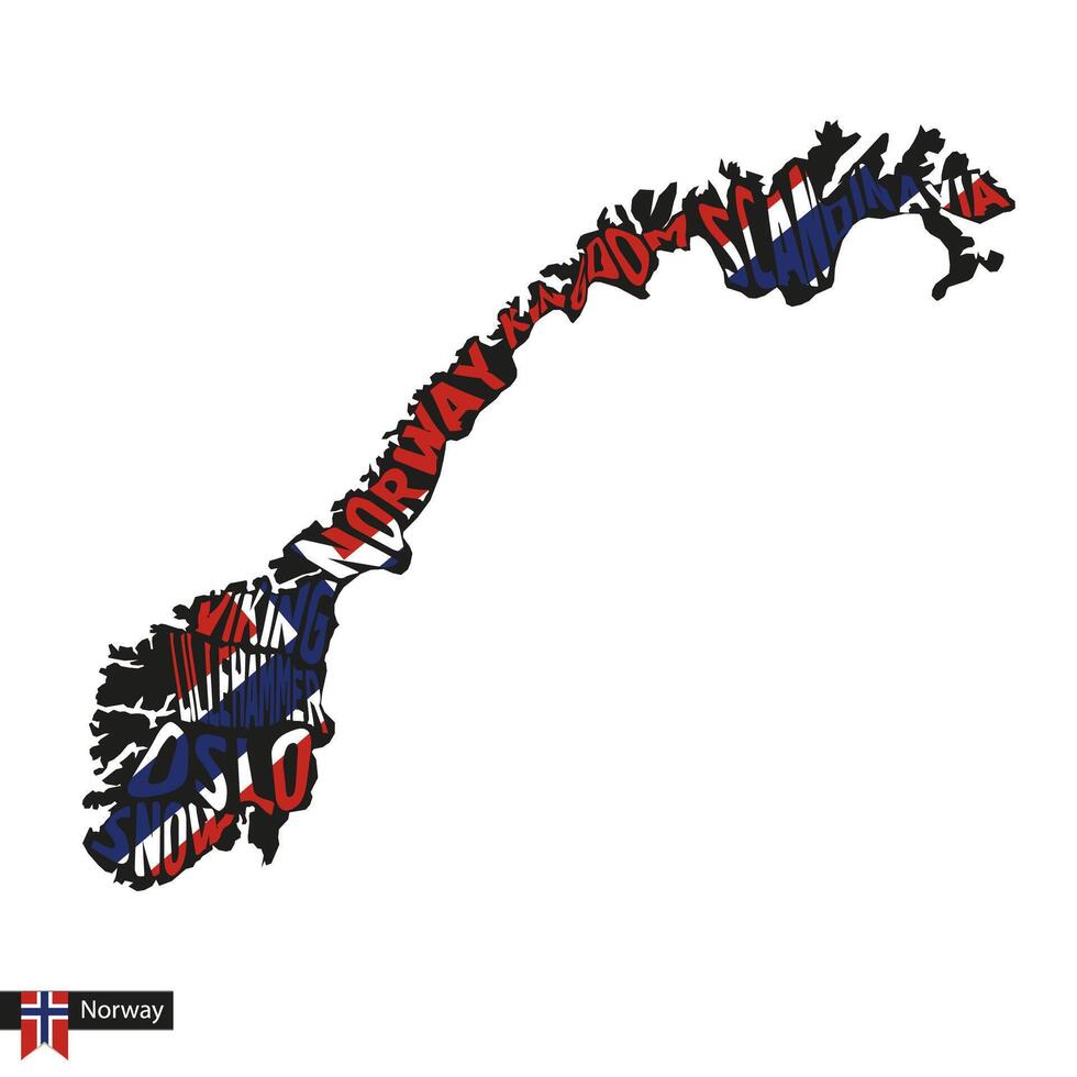 tipografía mapa silueta de Noruega en negro y bandera colores. vector
