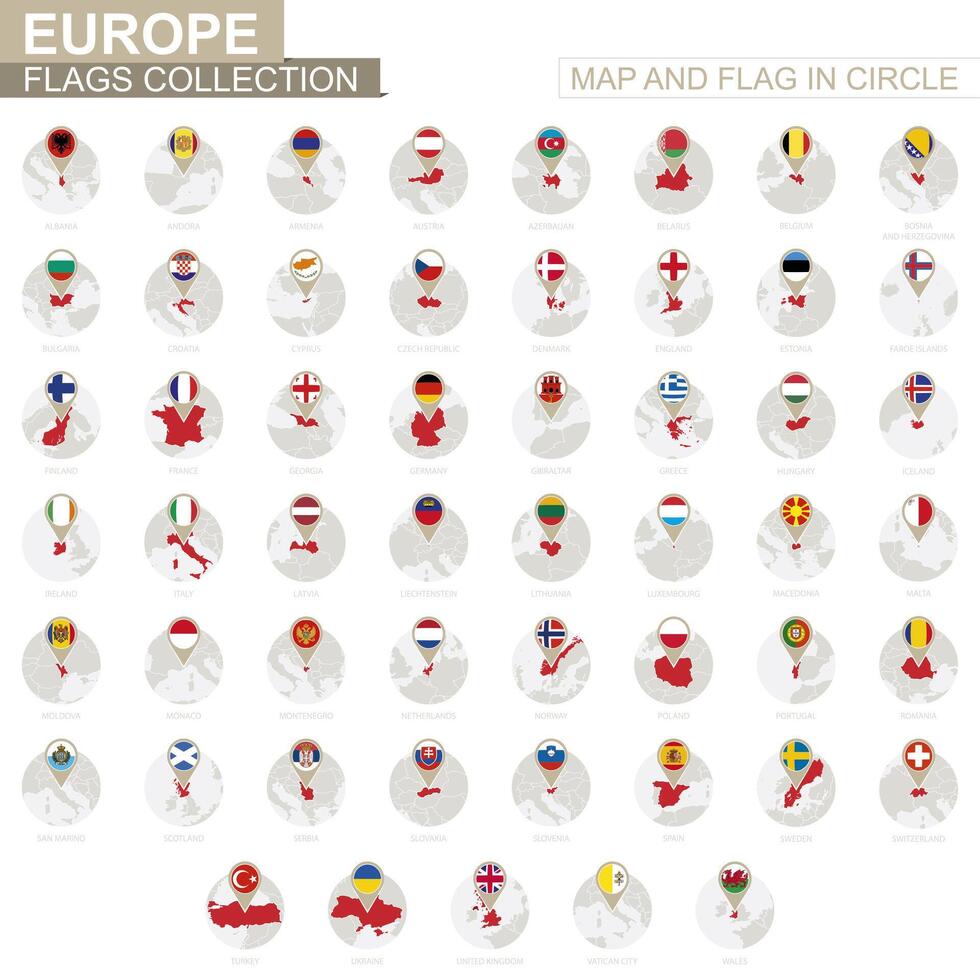 mapa y bandera en círculo, Europa países recopilación. vector