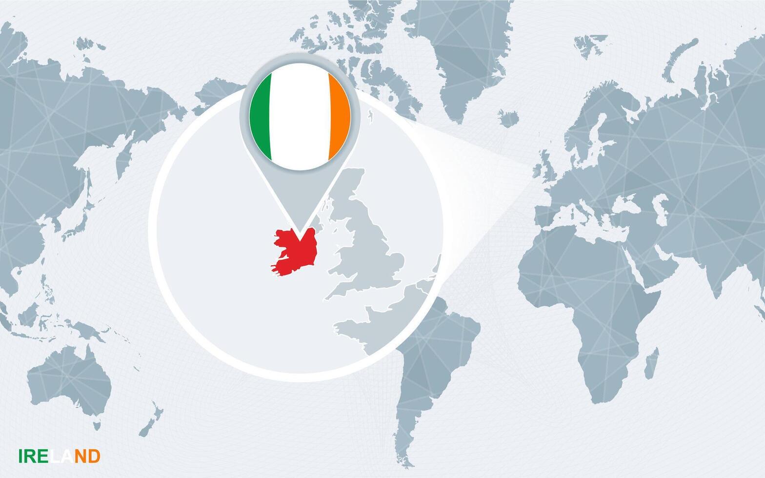 World map centered on America with magnified Ireland. vector