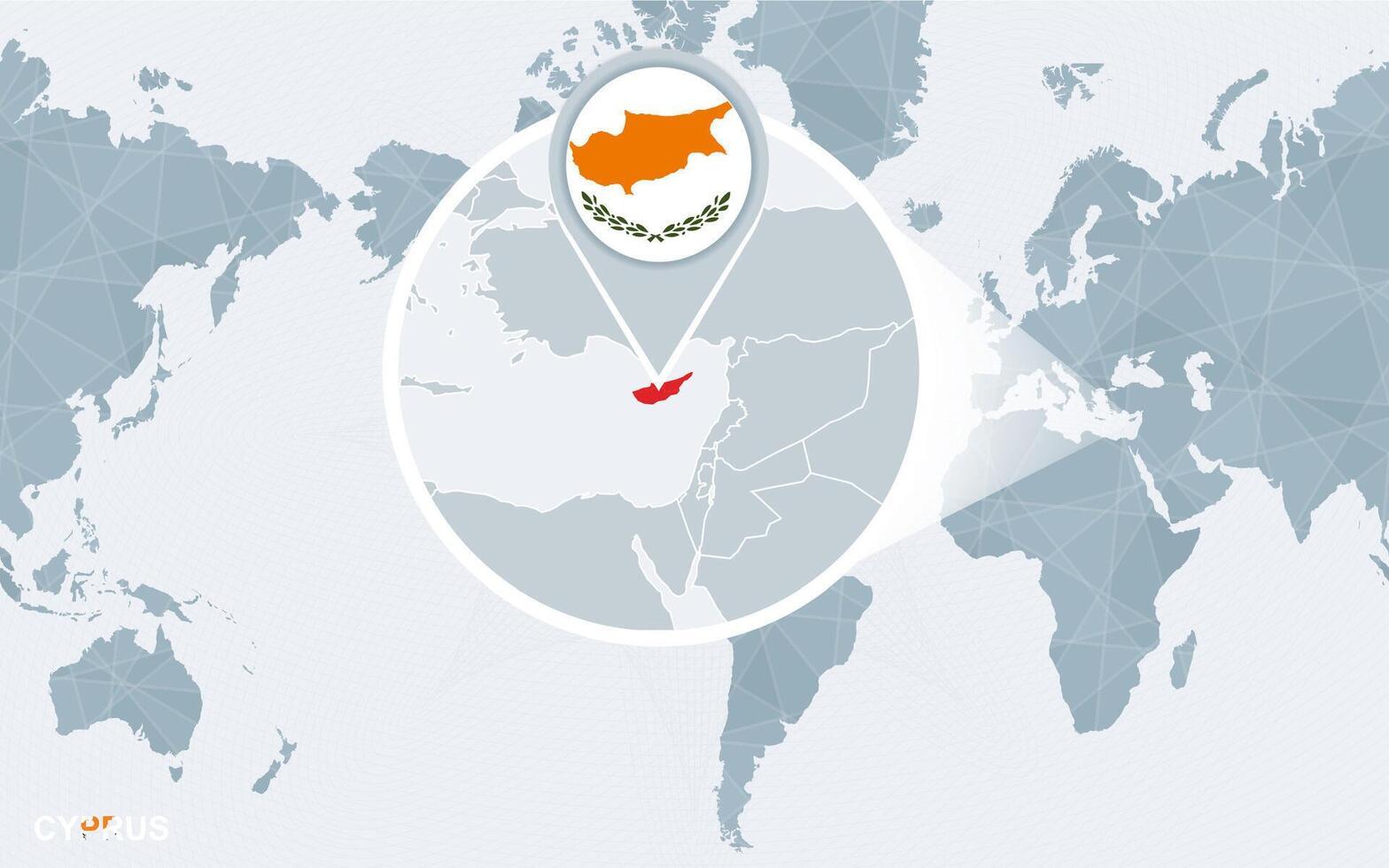World map centered on America with magnified Cyprus. vector