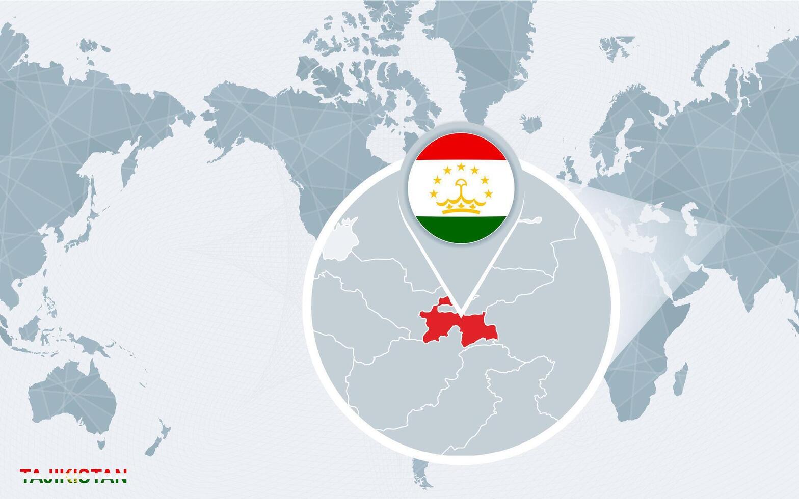 World map centered on America with magnified Tajikistan. vector
