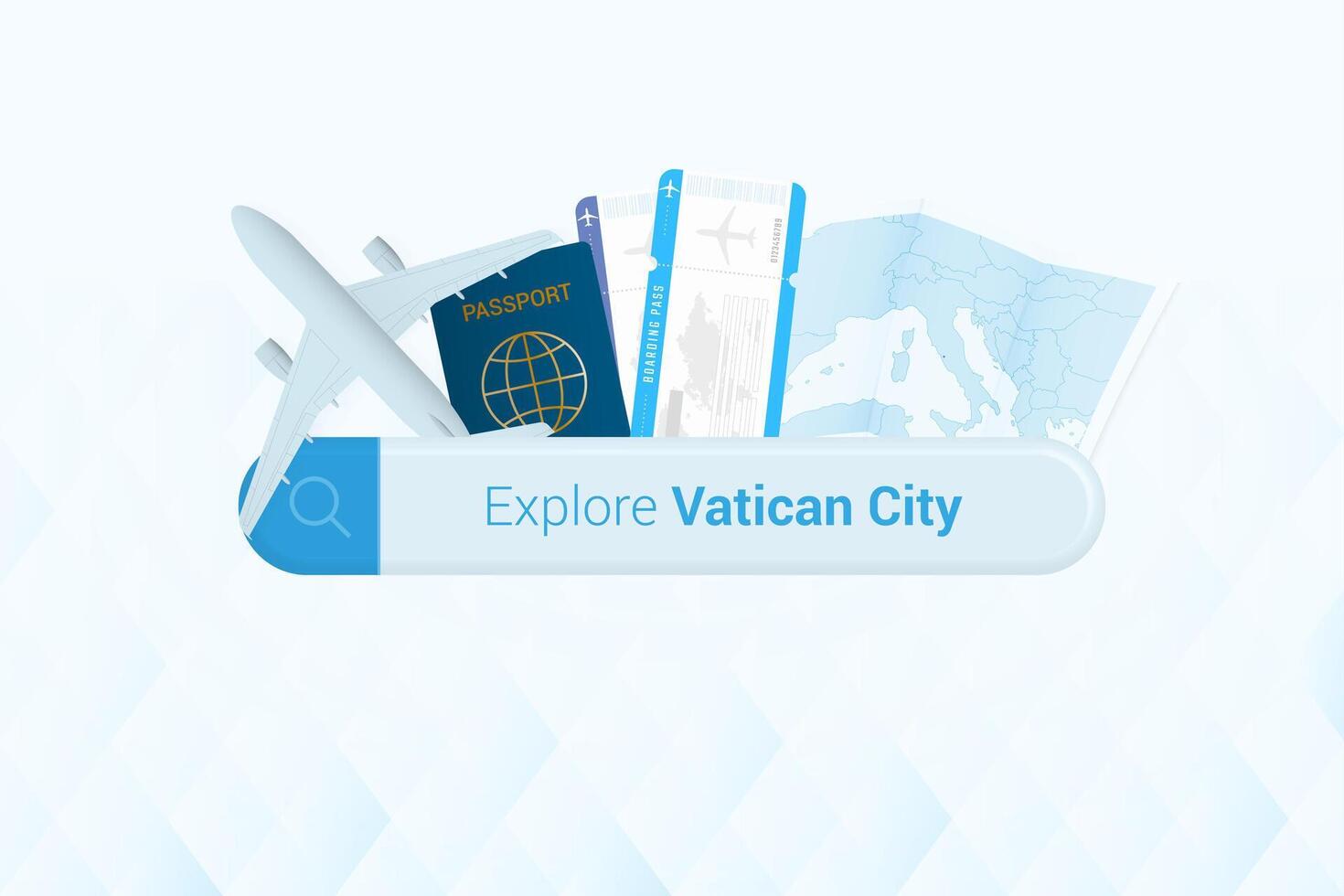 buscando Entradas a Vaticano ciudad o viaje destino en Vaticano ciudad. buscando bar con avión, pasaporte, embarque aprobar, Entradas y mapa. vector