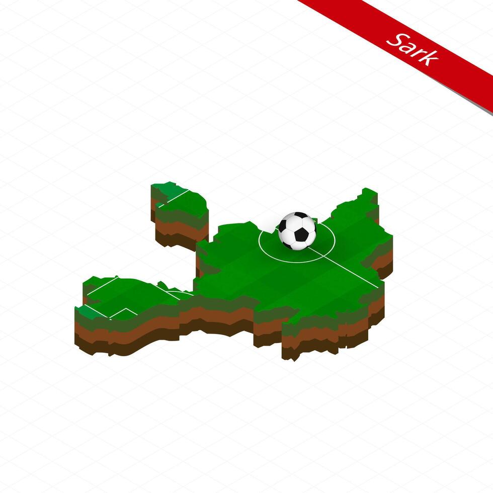 Isometric map of Sark with soccer field. Football ball in center of football pitch. vector