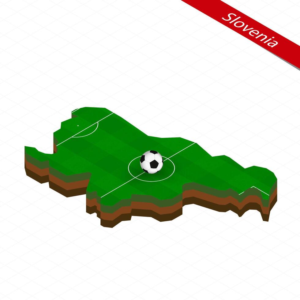 Isometric map of Slovenia with soccer field. Football ball in center of football pitch. vector