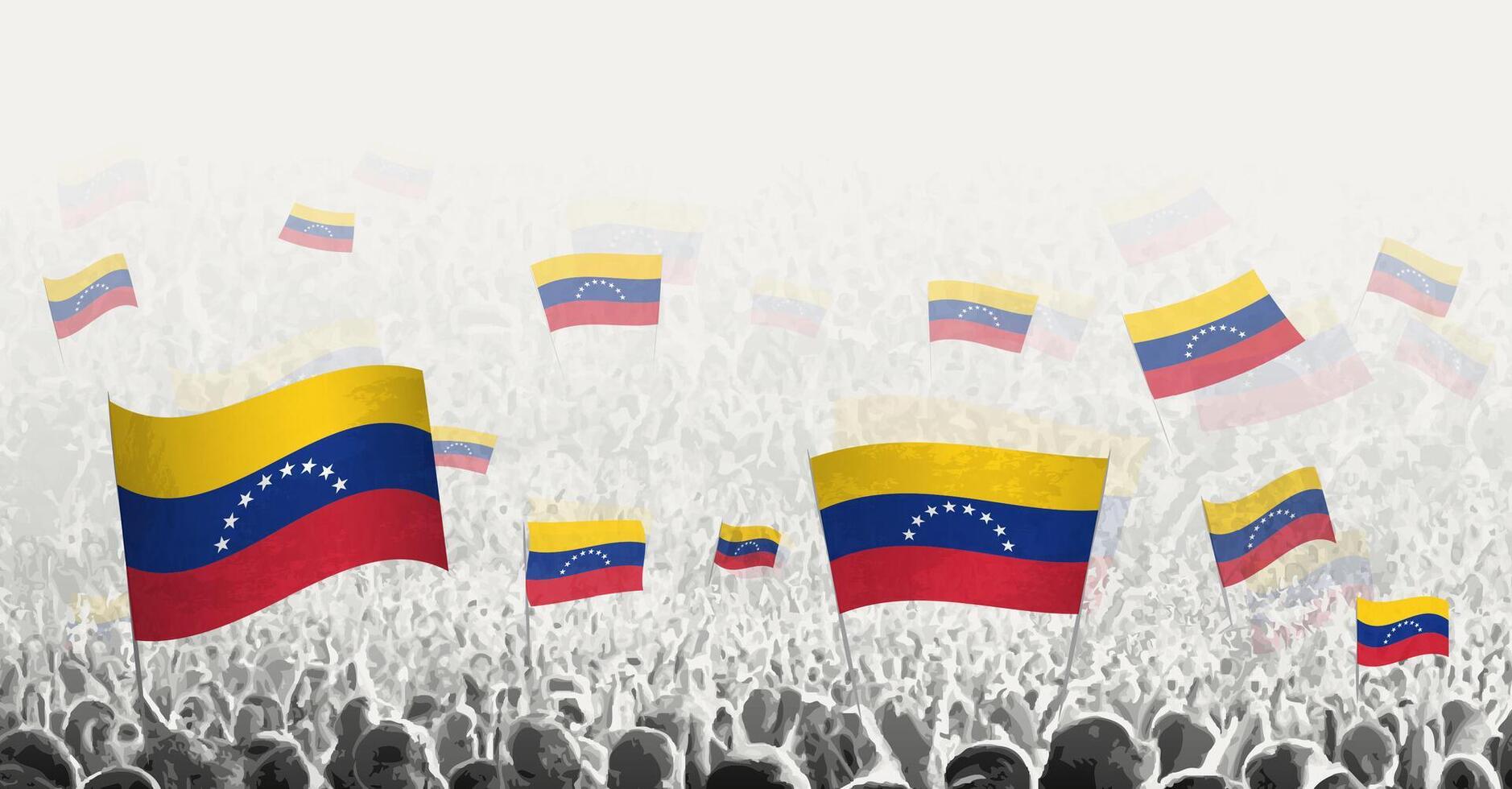 resumen multitud con bandera de Venezuela. pueblos protesta, revolución, Huelga y demostración con bandera de Venezuela. vector