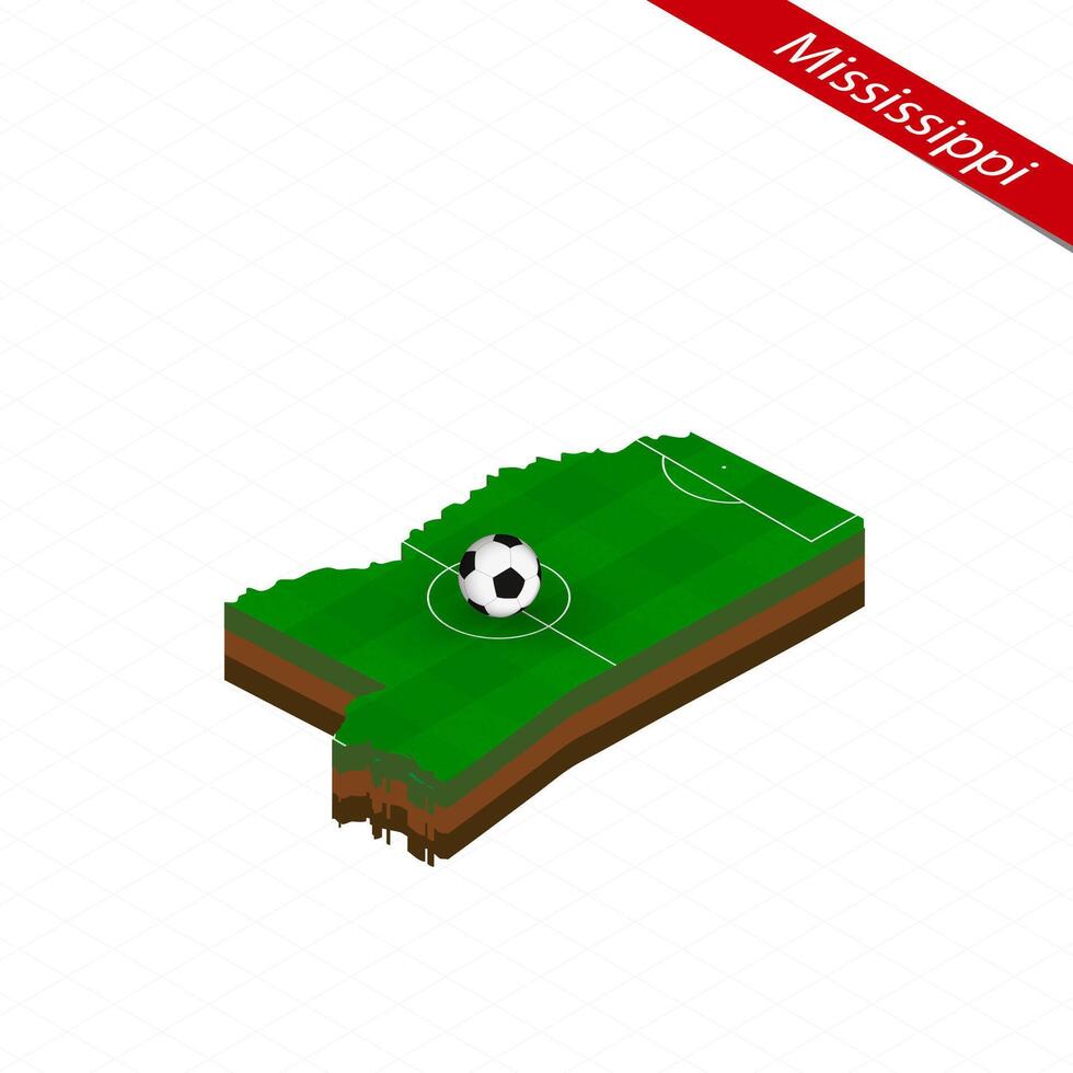 Isometric map of US state Mississippi with soccer field. Football ball in center of football pitch. vector