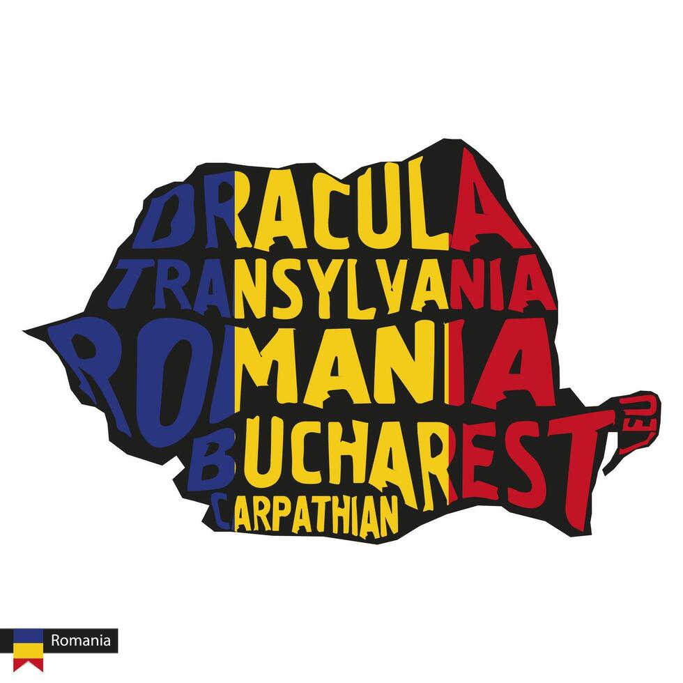 Typography map silhouette of Romania in black and flag colors. vector