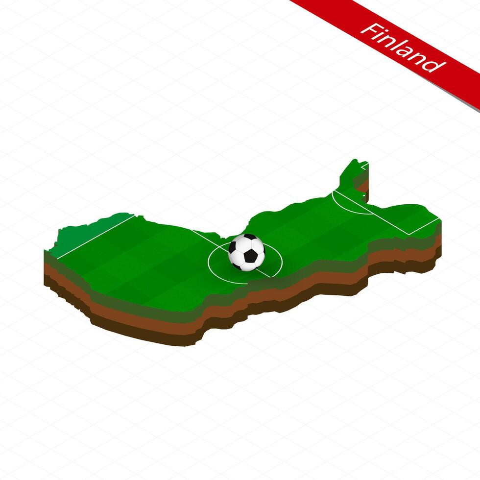 Isometric map of Finland with soccer field. Football ball in center of football pitch. vector