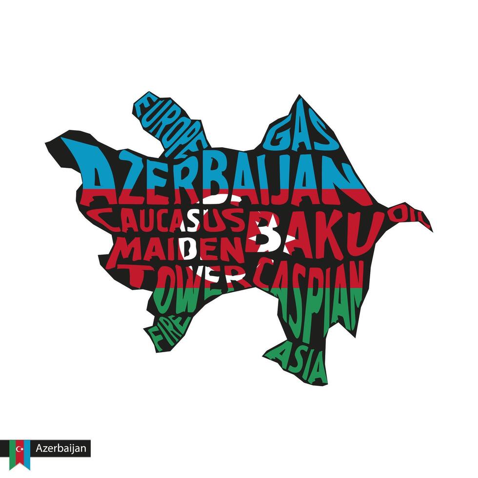 Typography map silhouette of Azerbaijan in black and flag colors. vector