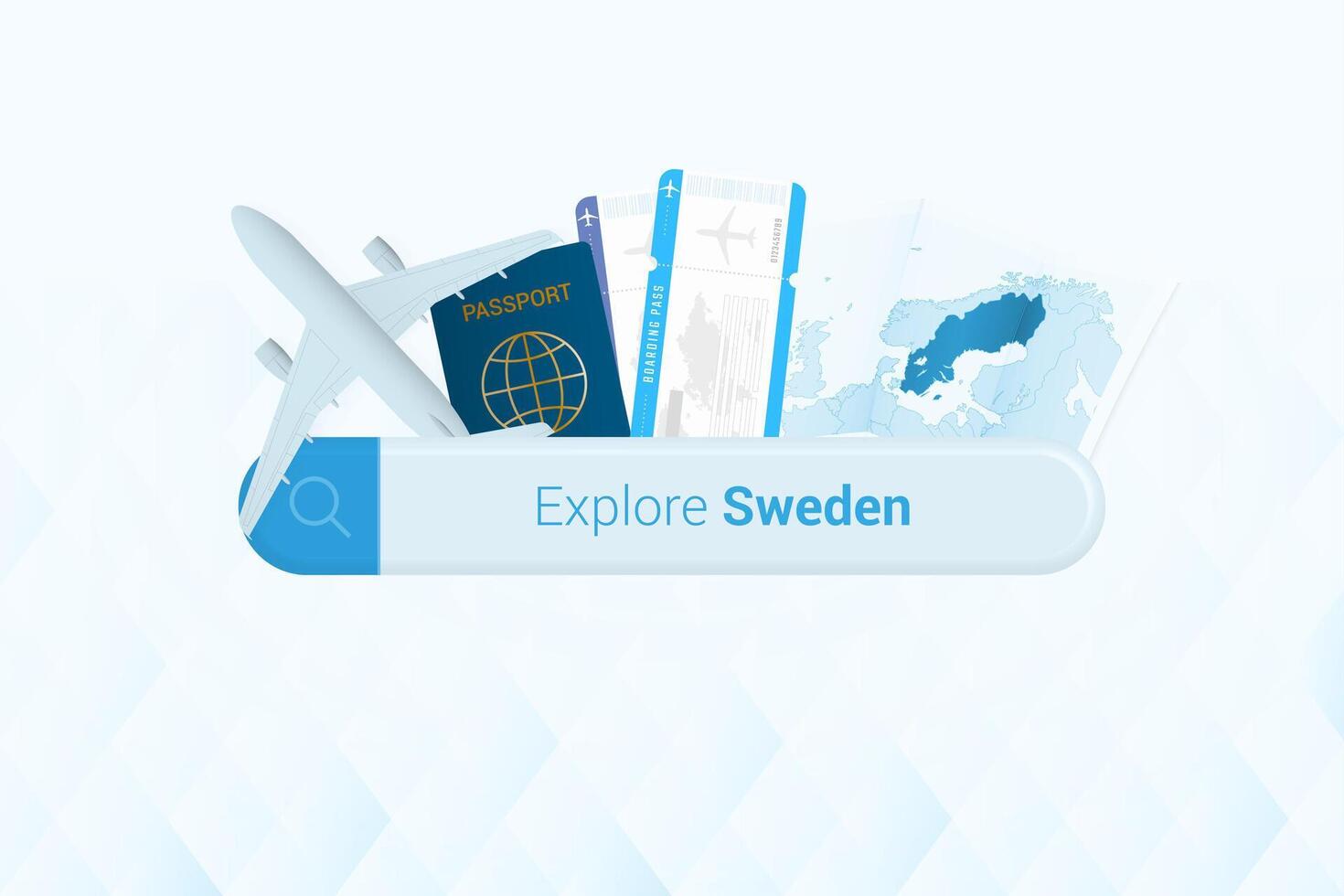 Searching tickets to Sweden or travel destination in Sweden. Searching bar with airplane, passport, boarding pass, tickets and map. vector