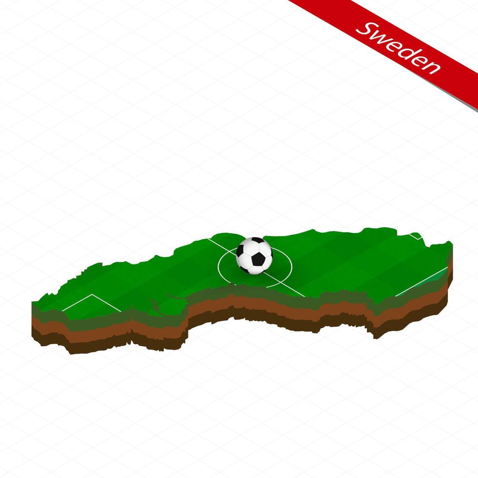 Isometric map of Sweden with soccer field. Football ball in center of football pitch. vector