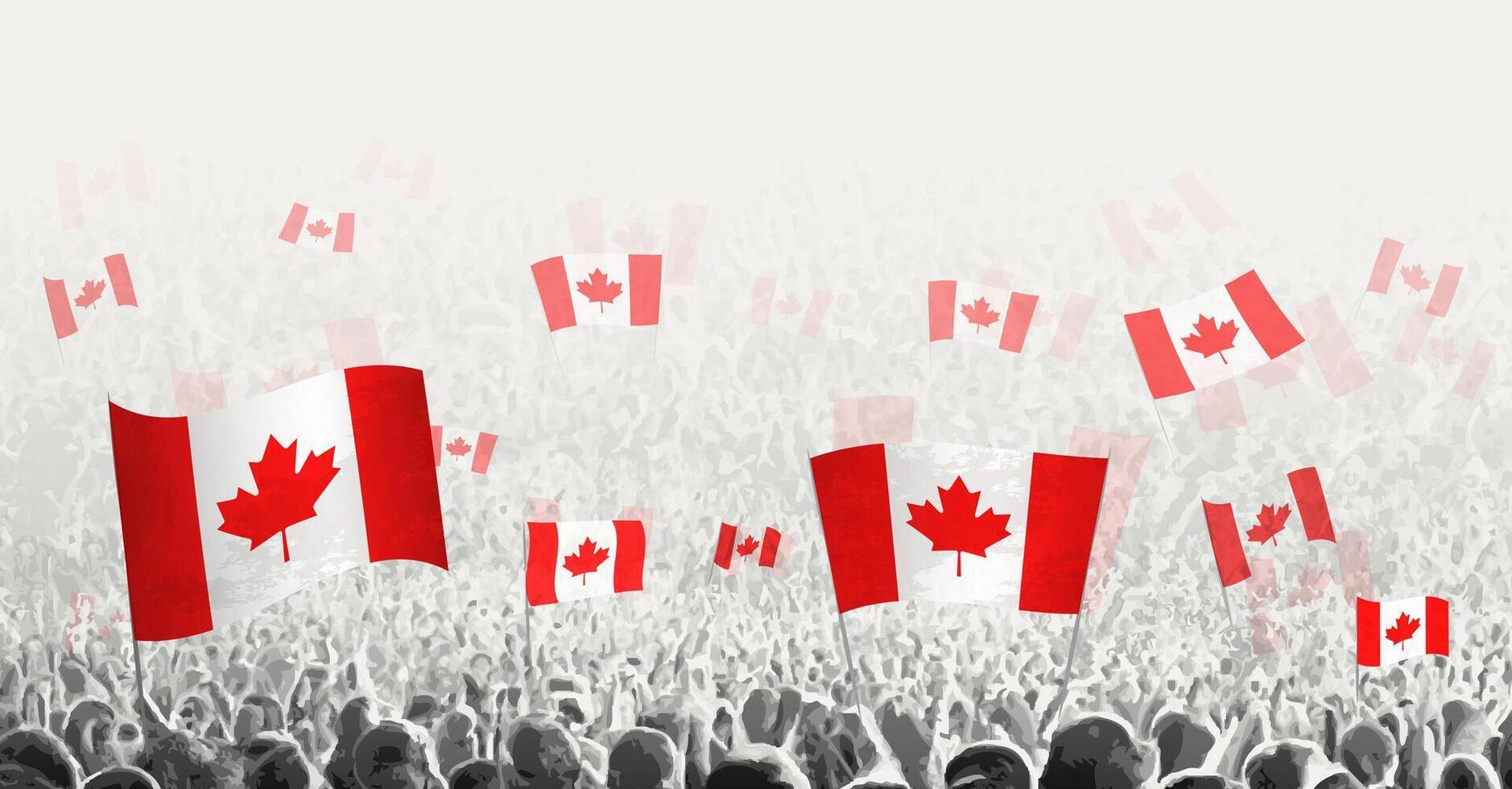 resumen multitud con bandera de Canadá. pueblos protesta, revolución, Huelga y demostración con bandera de Canadá. vector