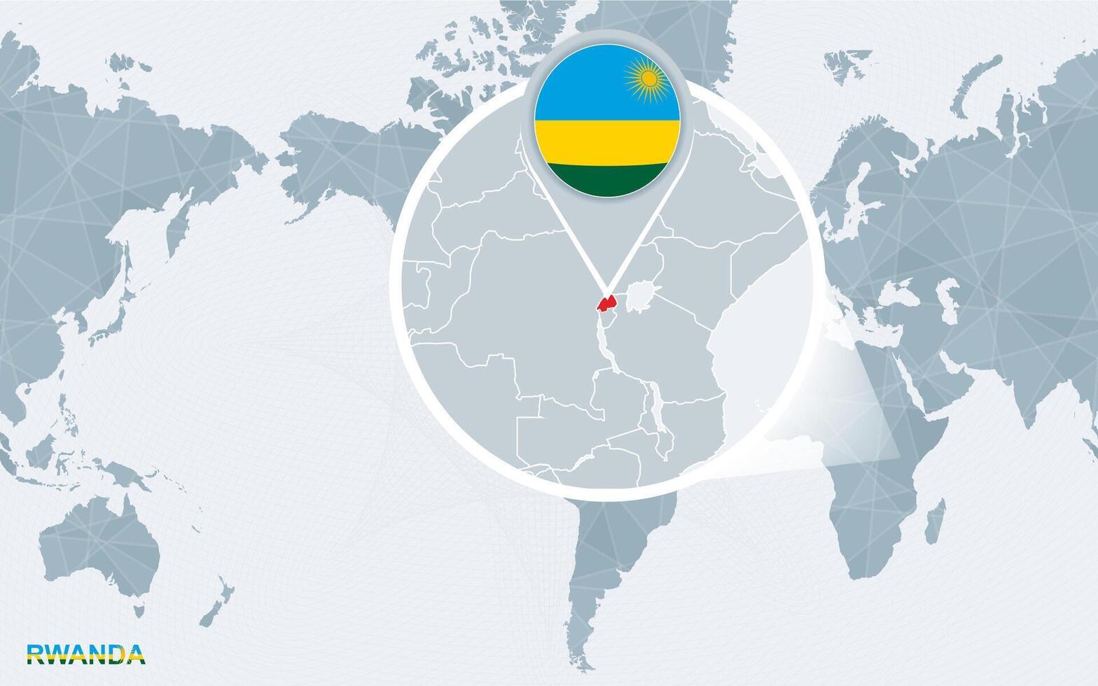 World map centered on America with magnified Rwanda. vector