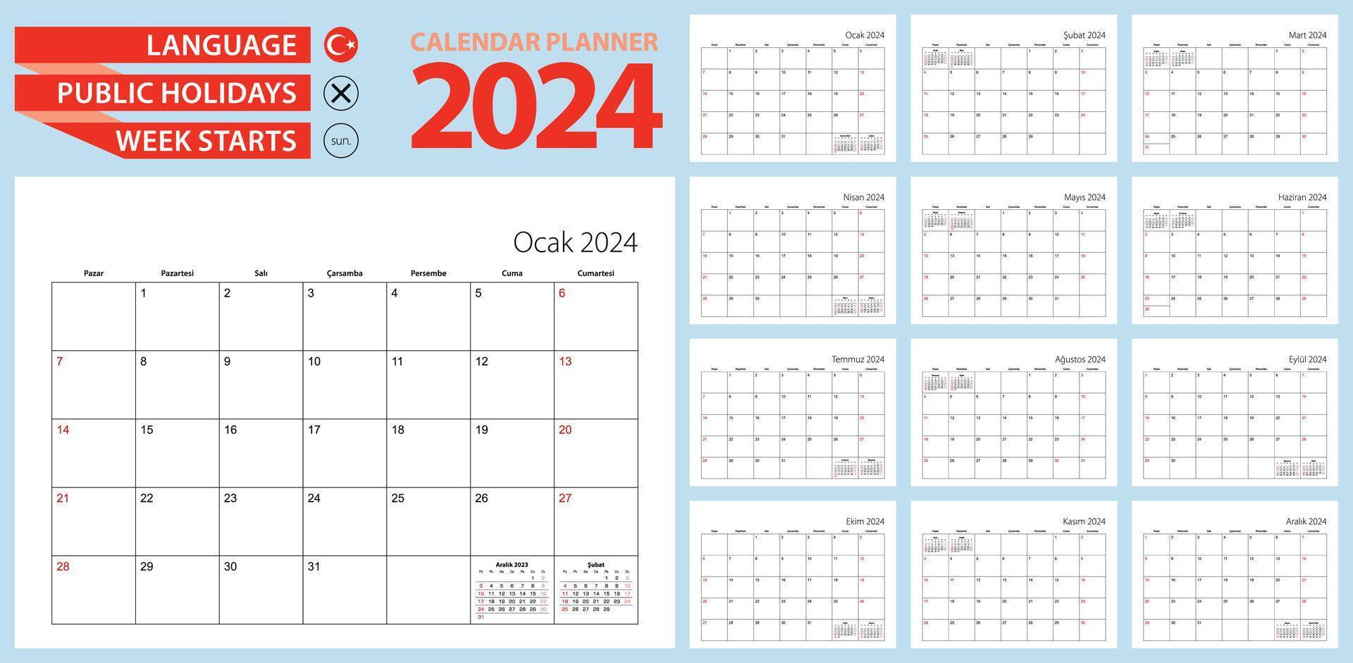 Turkish calendar planner for 2024. Turkish language, week starts from Sunday. vector