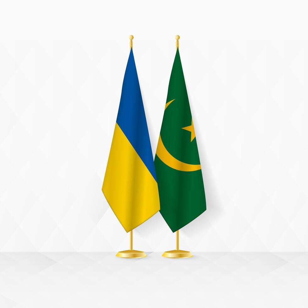 Ukraine and Mauritania flags on flag stand, illustration for diplomacy and other meeting between Ukraine and Mauritania. vector