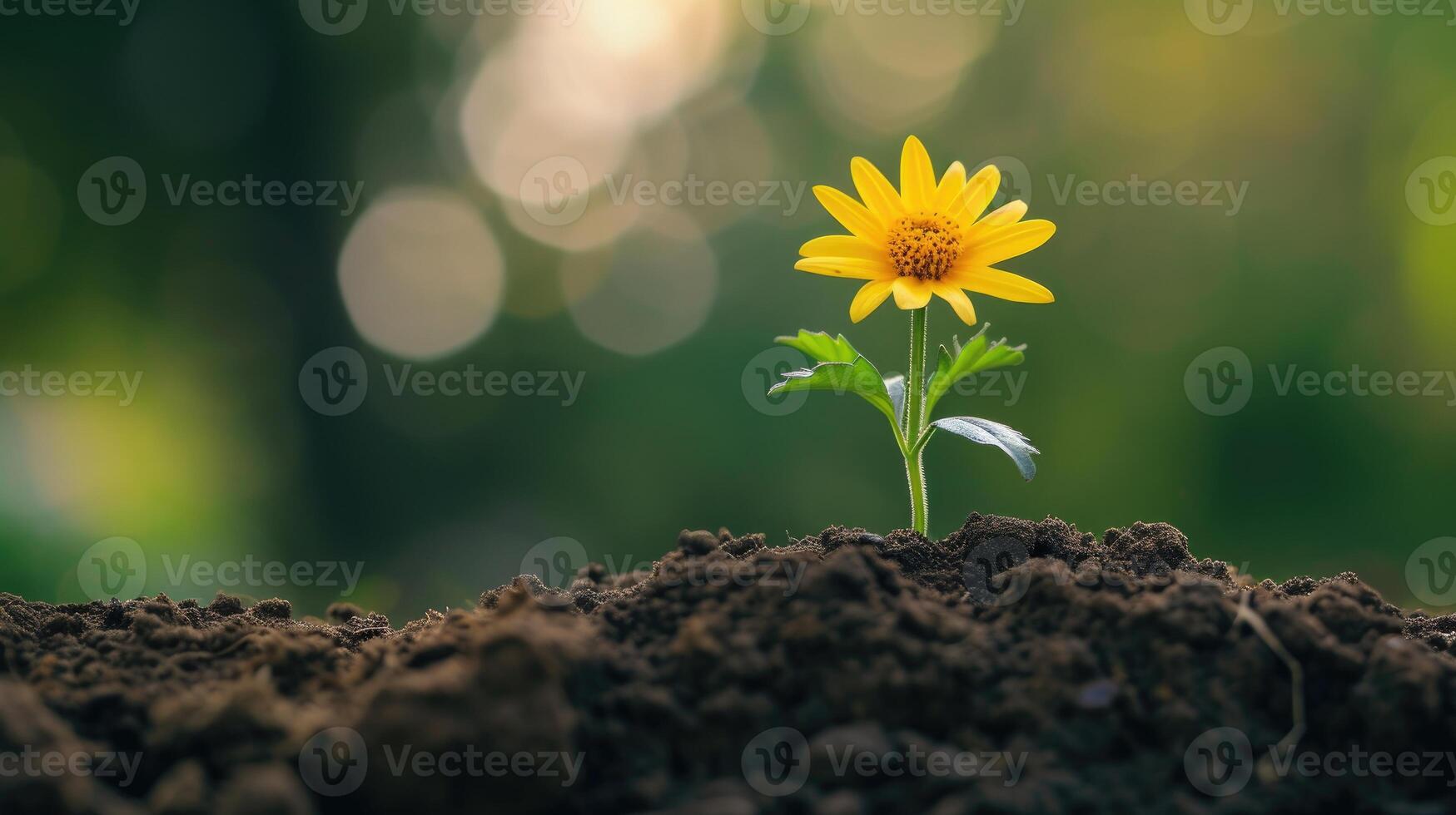 AI generated A single yellow flower emerges from a humble dirt mound, nature's vibrant resilience, Ai Generated photo