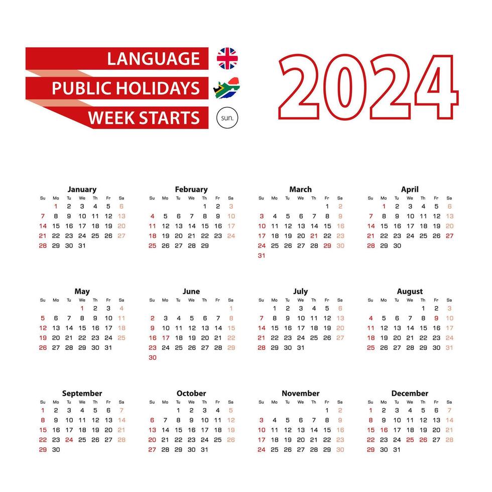 Calendar 2024 in English language with public holidays the country of South Africa in year 2024. vector