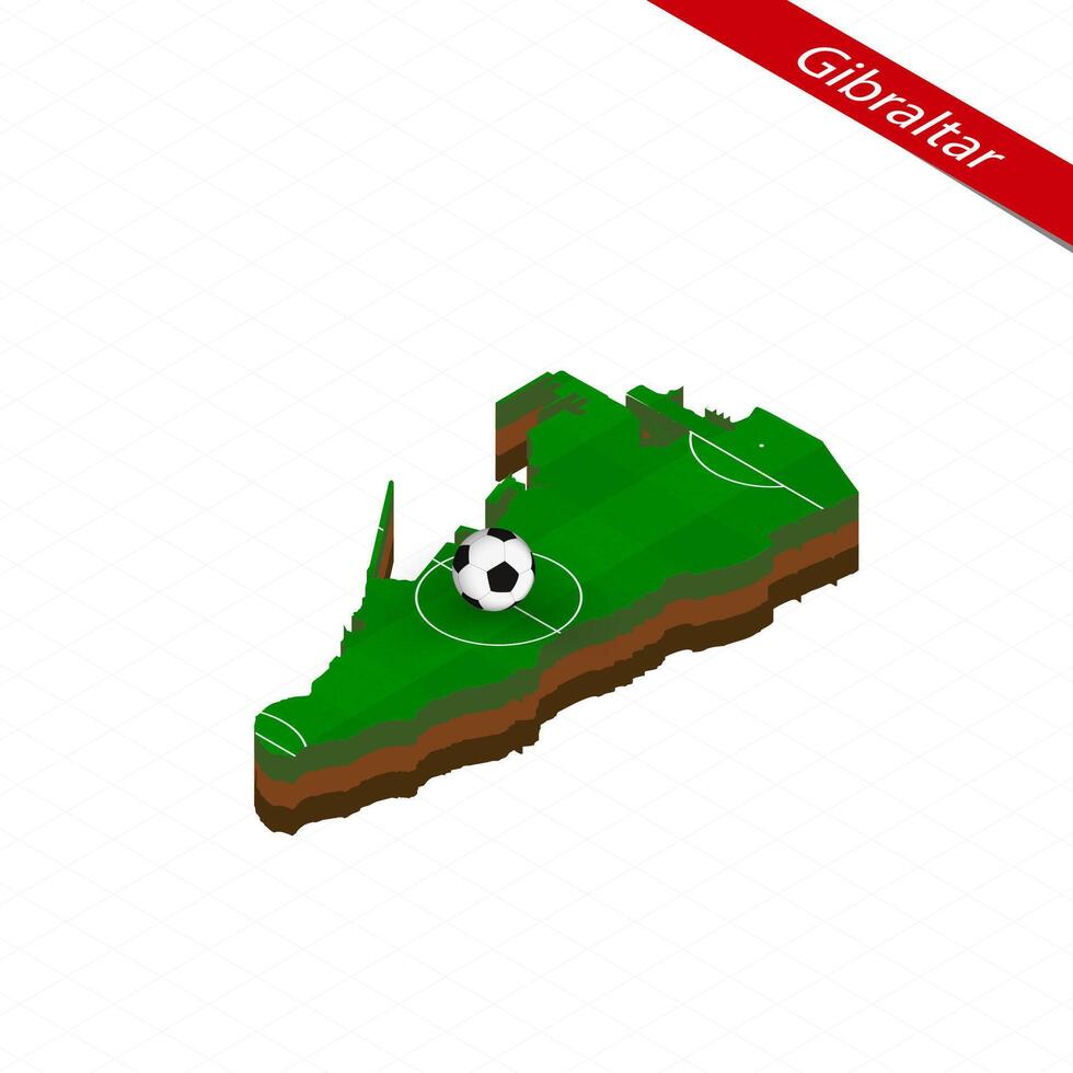 Isometric map of Gibraltar with soccer field. Football ball in center of football pitch. vector