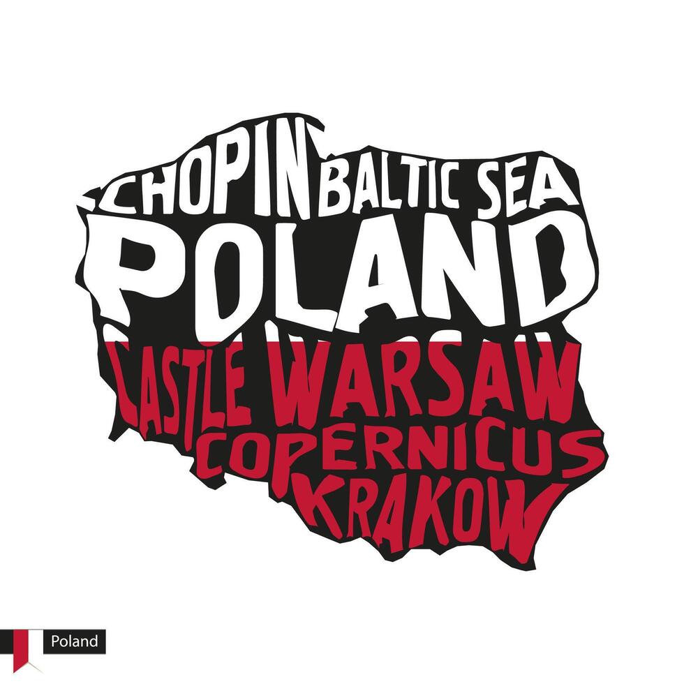 tipografía mapa silueta de Polonia en negro y bandera colores. vector