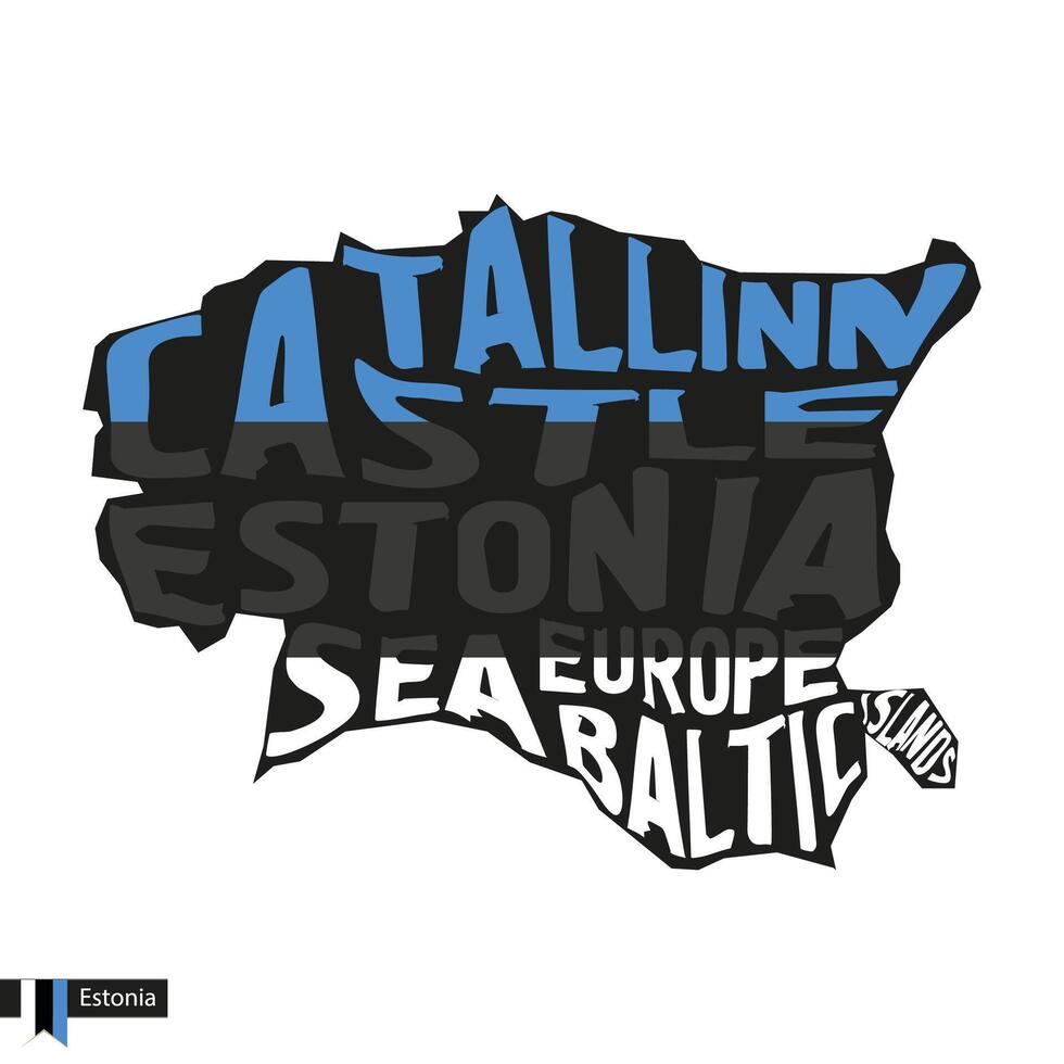 tipografía mapa silueta de Estonia en negro y bandera colores. vector