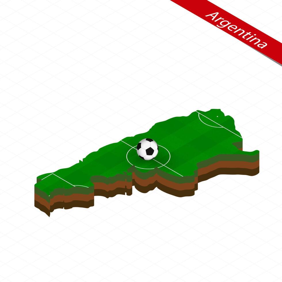 Isometric map of Argentina with soccer field. Football ball in center of football pitch. vector