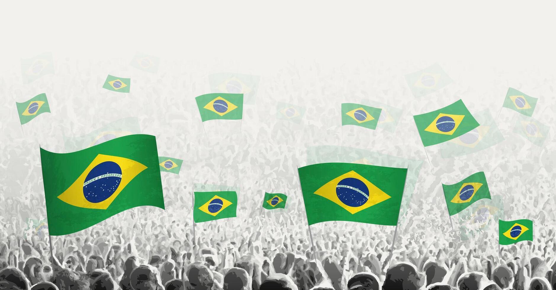 resumen multitud con bandera de Brasil. pueblos protesta, revolución, Huelga y demostración con bandera de Brasil. vector