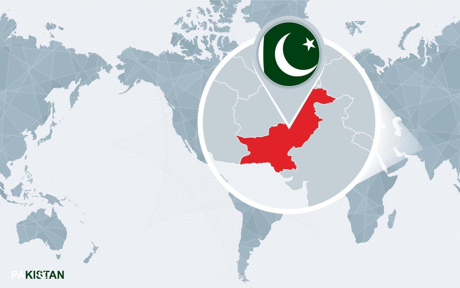 World map centered on America with magnified Pakistan. vector