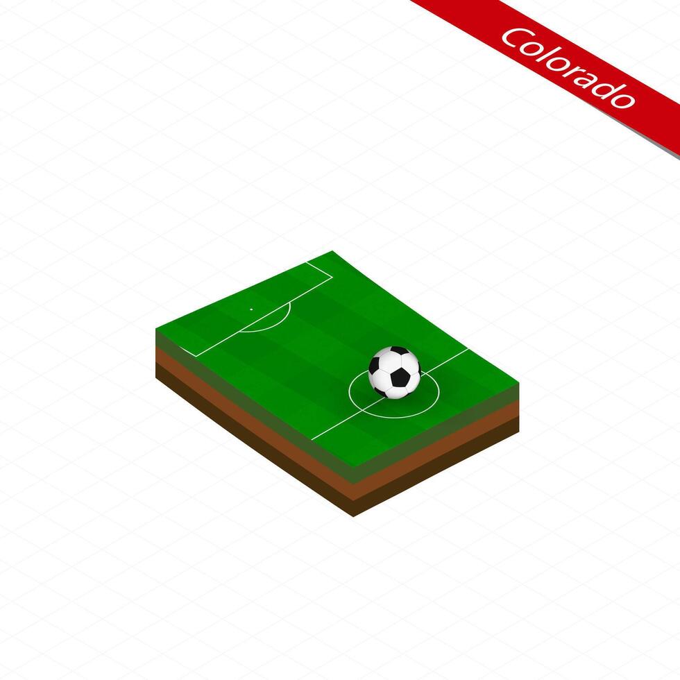 Isometric map of US state Colorado with soccer field. Football ball in center of football pitch. vector