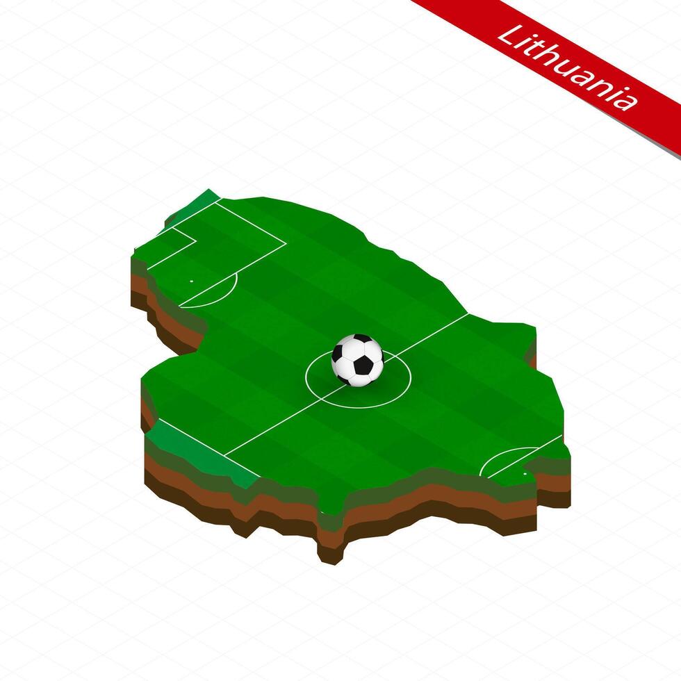 Isometric map of Lithuania with soccer field. Football ball in center of football pitch. vector