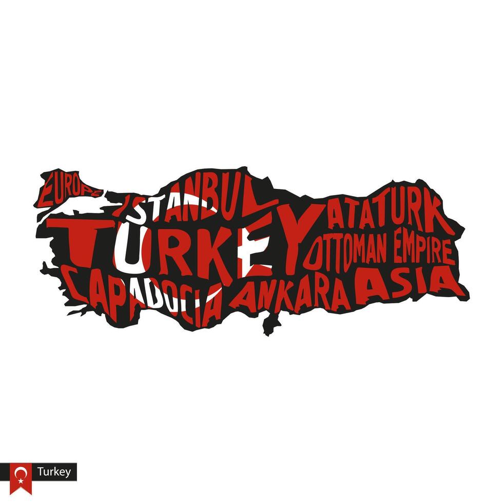 Typography map silhouette of Turkey in black and flag colors. vector