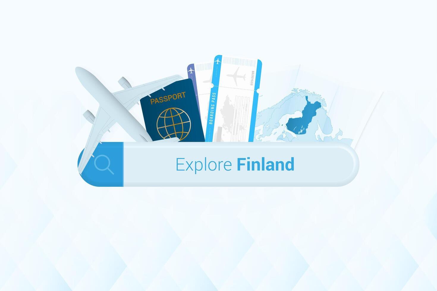 buscando Entradas a Finlandia o viaje destino en Finlandia. buscando bar con avión, pasaporte, embarque aprobar, Entradas y mapa. vector