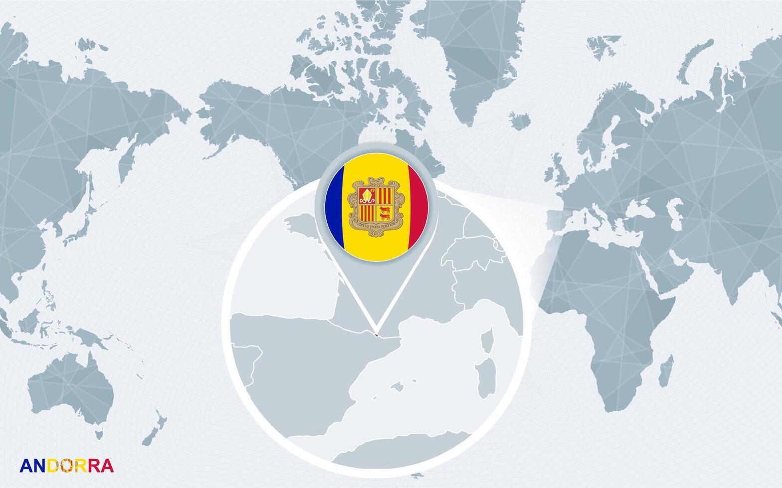 World map centered on America with magnified Andorra. vector