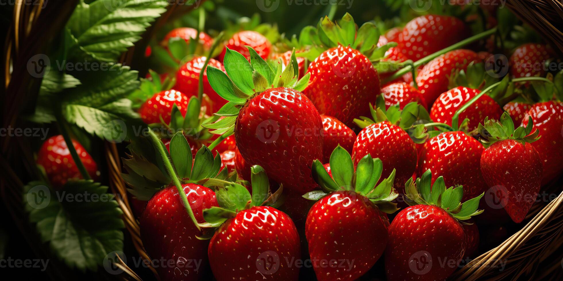 AI generated Fresh raw vegetarian red green berry strawberry in basket. Market plant farmer harvest photo