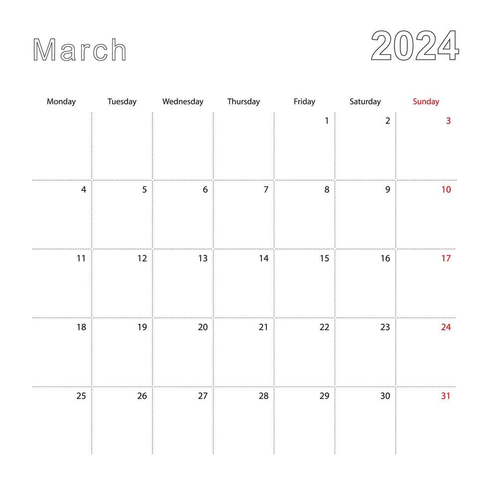 sencillo pared calendario para marzo 2024 con punteado líneas. el calendario es en inglés, semana comienzo desde lunes. vector