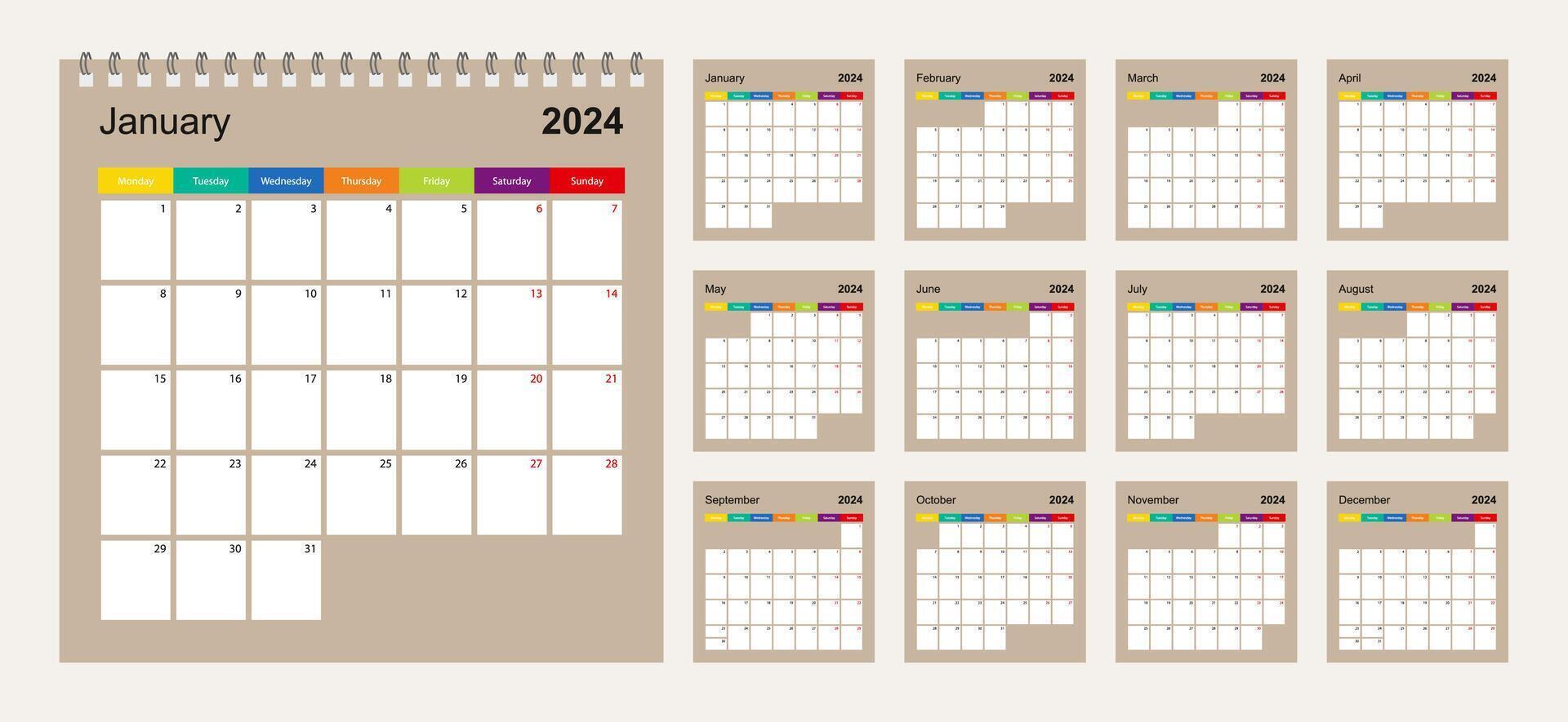 calendario 2024 vistoso diseño, conjunto de 12 vector pared planificador calendario paginas en beige antecedentes. semana empieza en lunes.