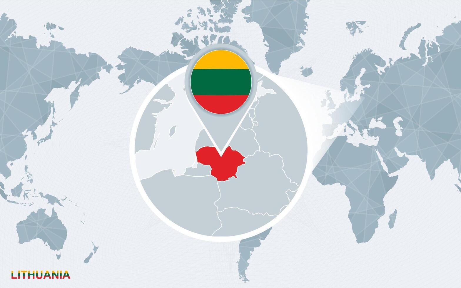 mundo mapa centrado en America con magnificado Lituania. vector