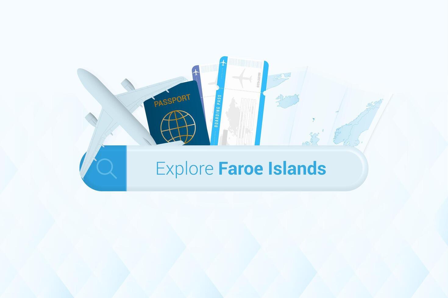buscando Entradas a Feroe islas o viaje destino en Feroe islas buscando bar con avión, pasaporte, embarque aprobar, Entradas y mapa. vector