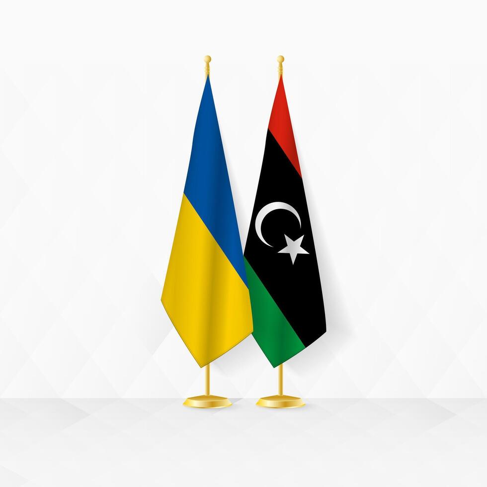 Ukraine and Libya flags on flag stand, illustration for diplomacy and other meeting between Ukraine and Libya. vector