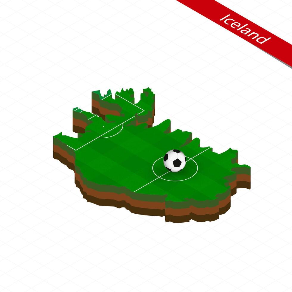 Isometric map of Iceland with soccer field. Football ball in center of football pitch. vector