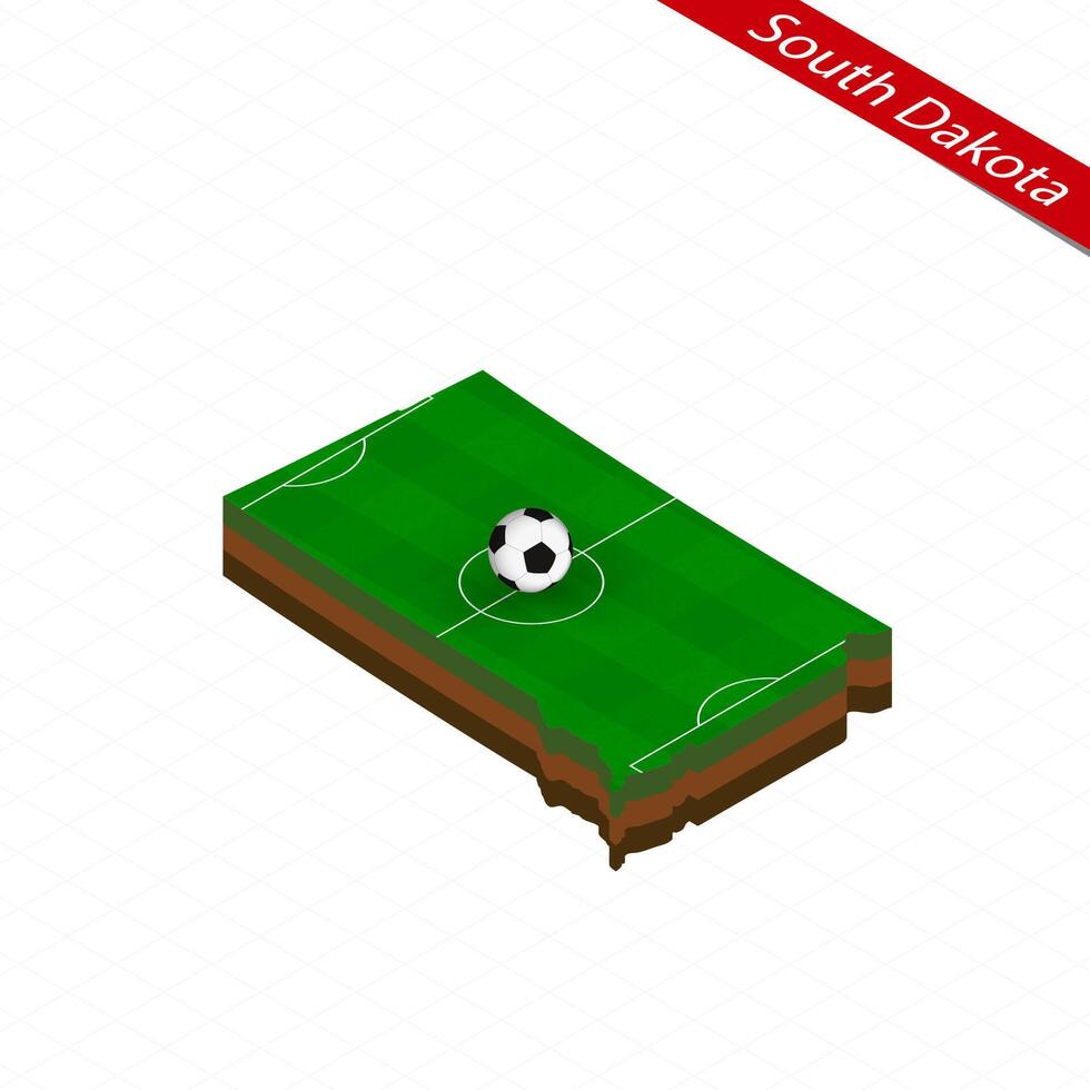 Isometric map of US state South Dakota with soccer field. Football ball in center of football pitch. vector