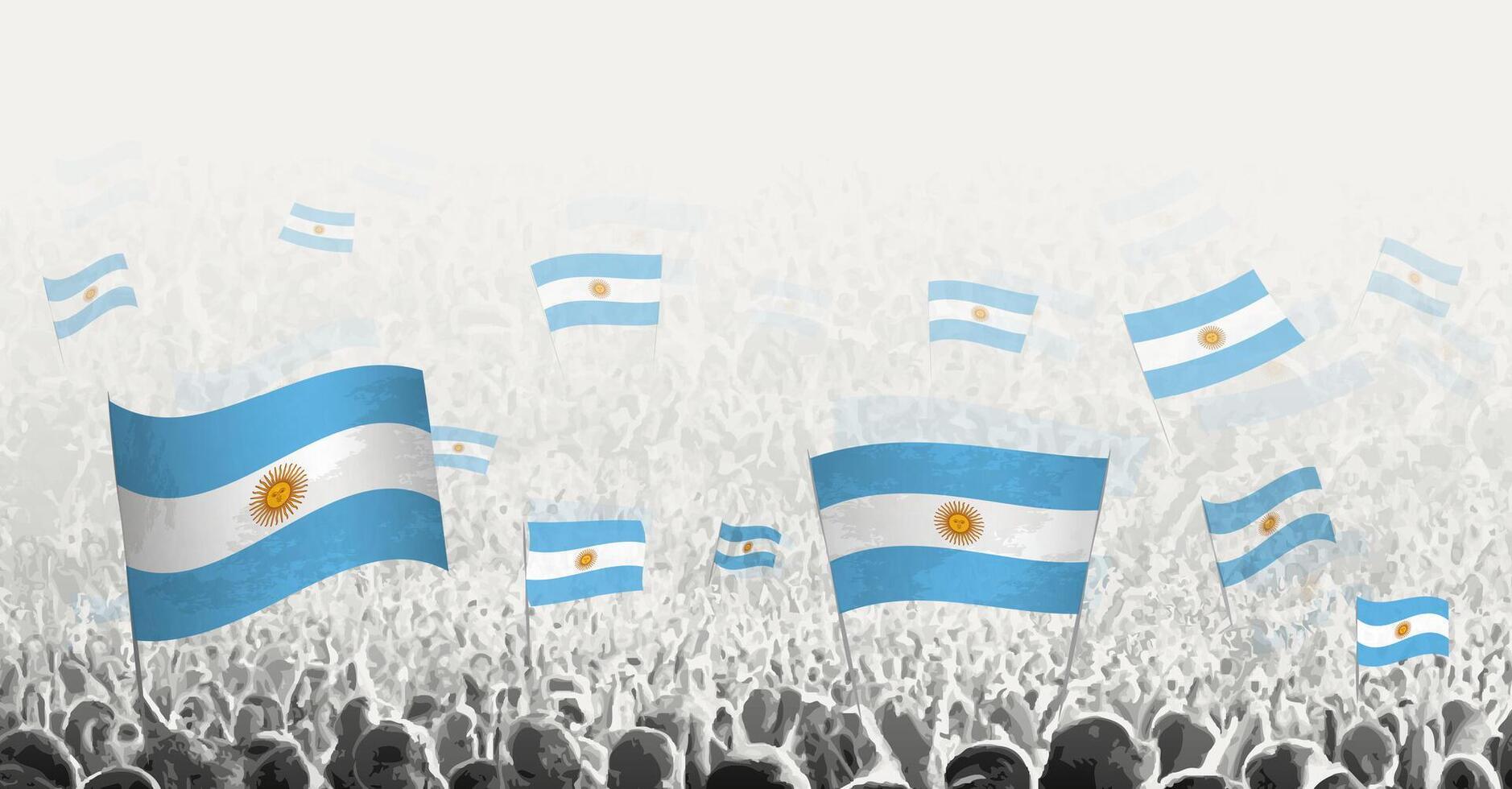 resumen multitud con bandera de argentina. pueblos protesta, revolución, Huelga y demostración con bandera de argentina. vector