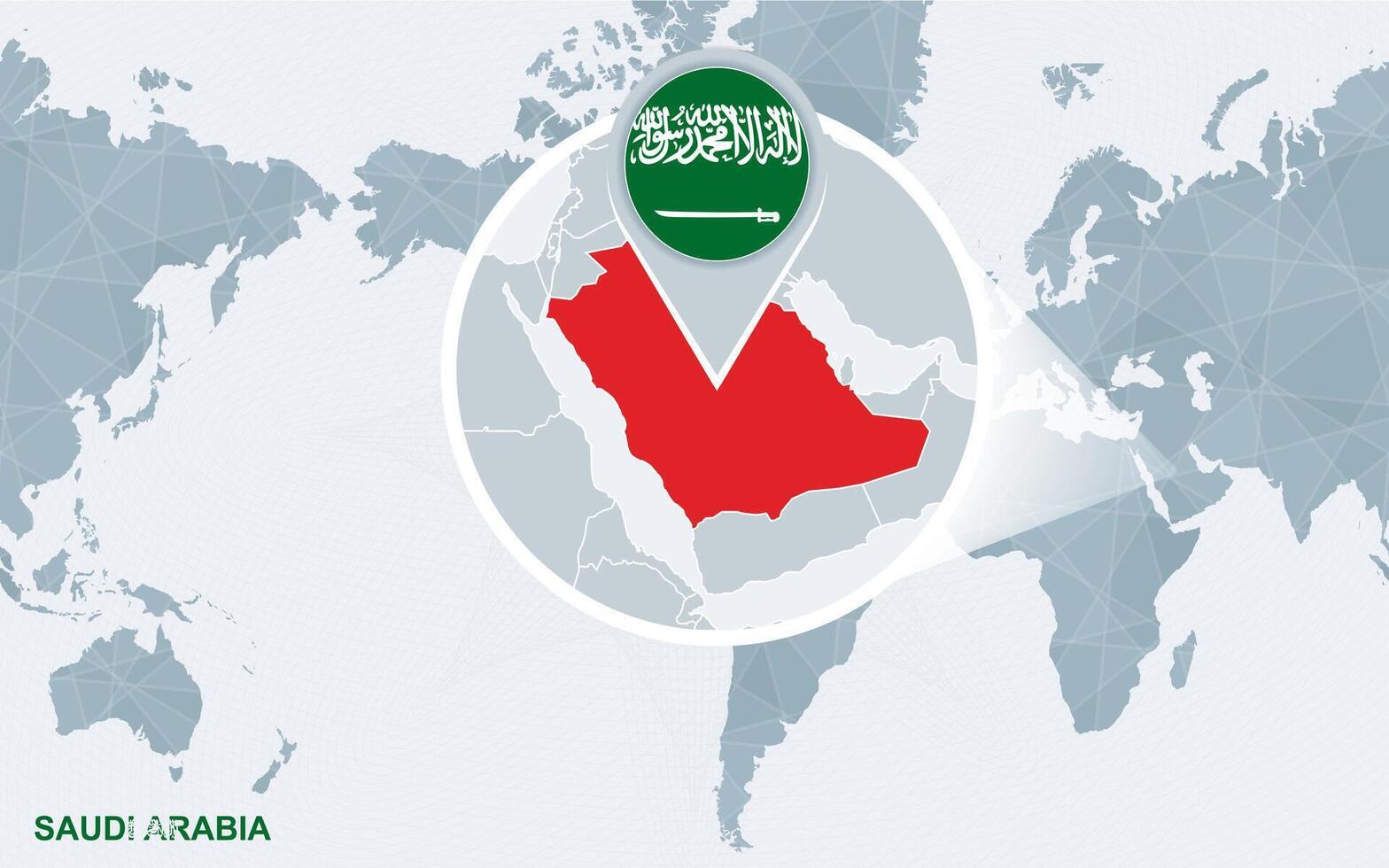 mundo mapa centrado en America con magnificado saudi arabia vector