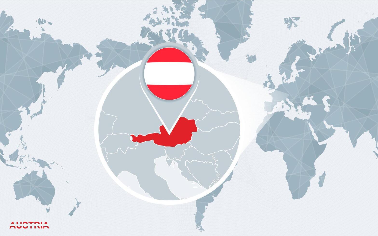 World map centered on America with magnified Austria. vector