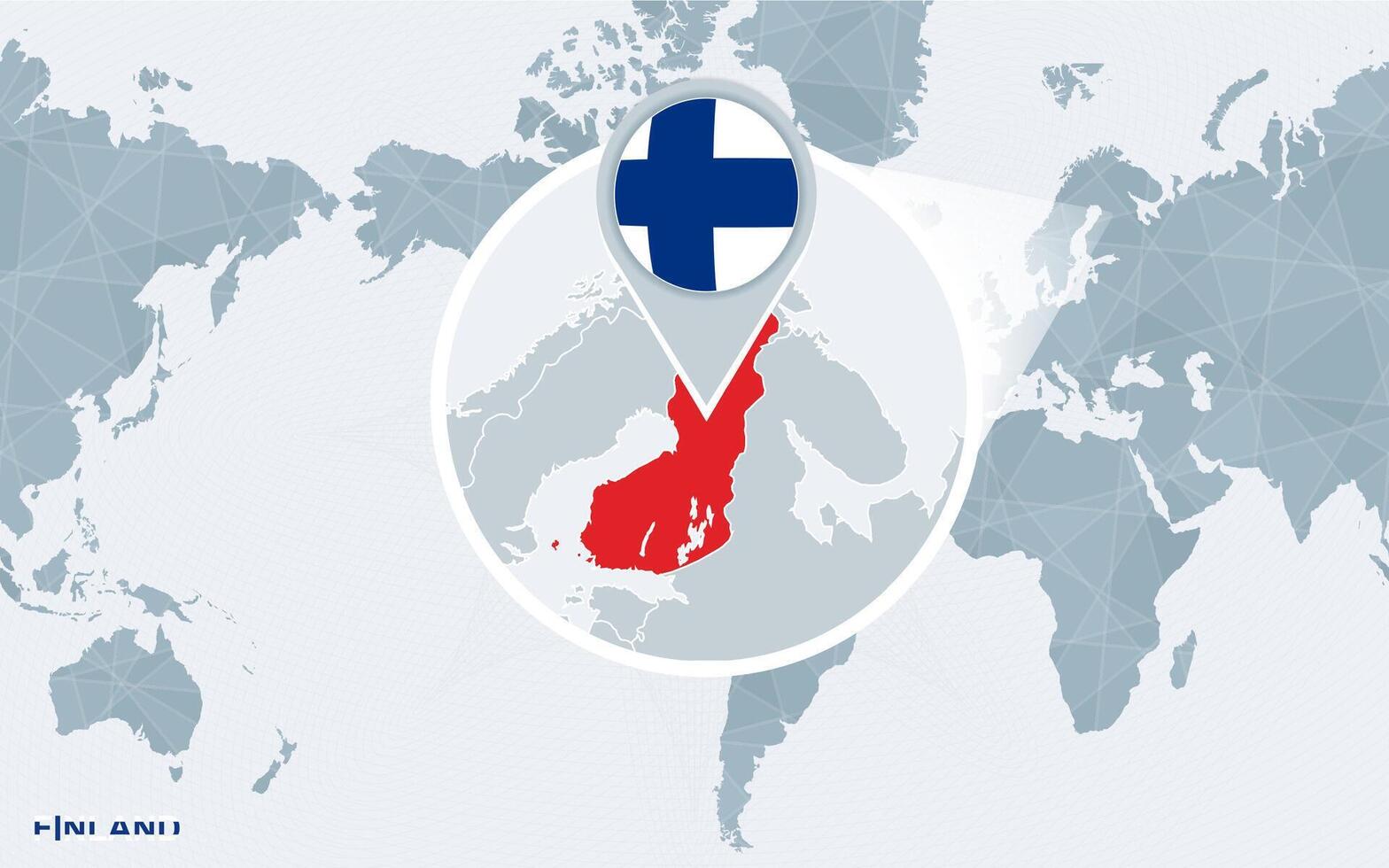 World map centered on America with magnified Finland. vector