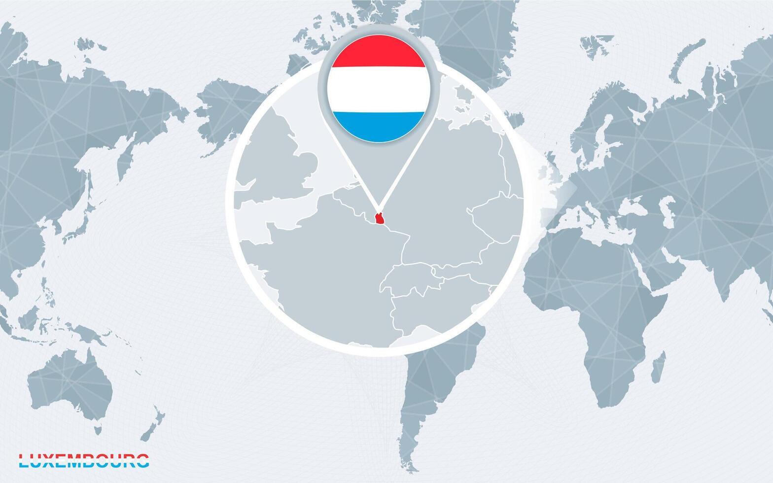 World map centered on America with magnified Luxembourg. vector