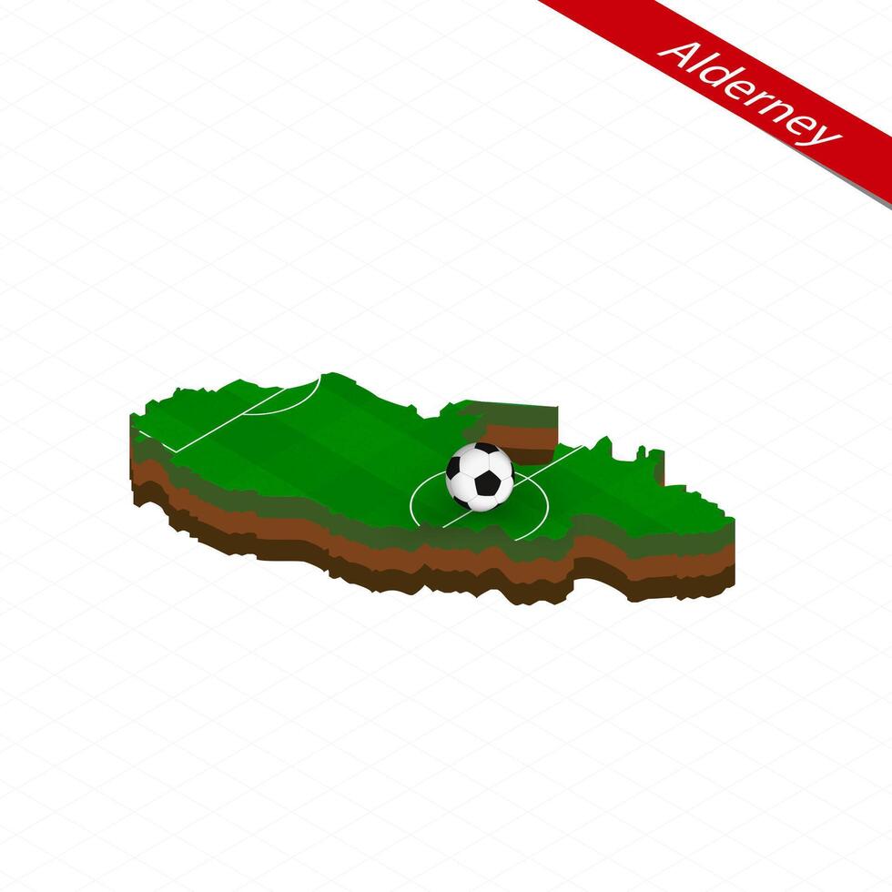 Isometric map of Alderney with soccer field. Football ball in center of football pitch. vector