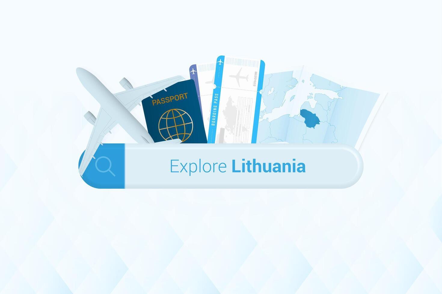 Searching tickets to Lithuania or travel destination in Lithuania. Searching bar with airplane, passport, boarding pass, tickets and map. vector