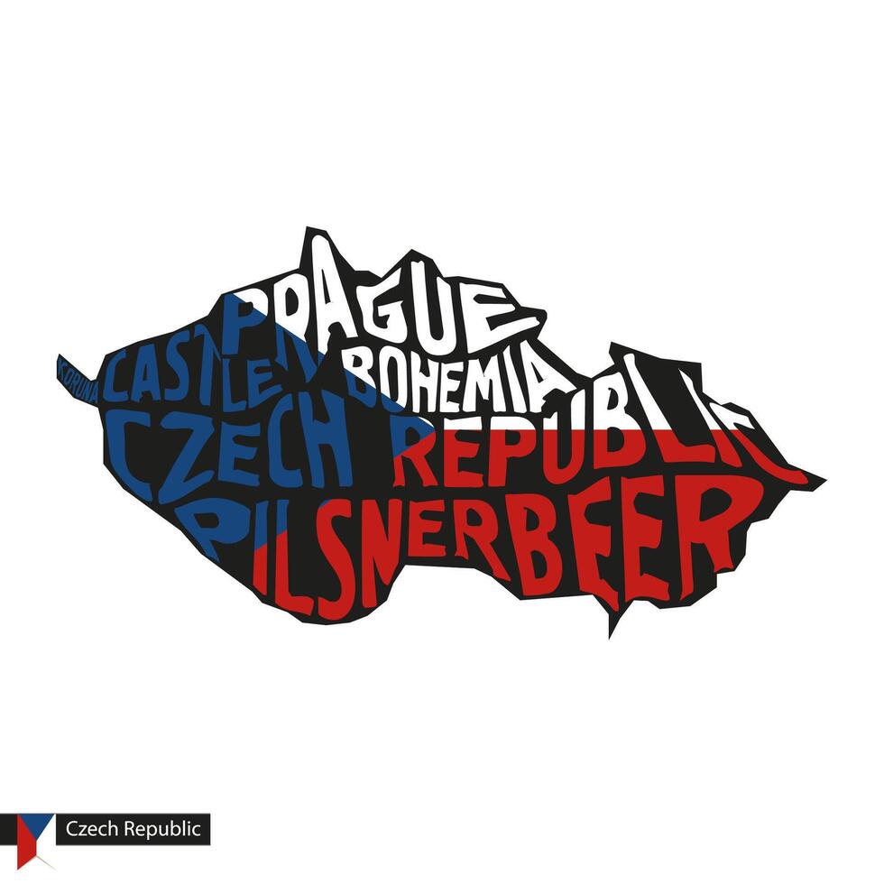 Typography map silhouette of Czech Republic in black and flag colors. vector