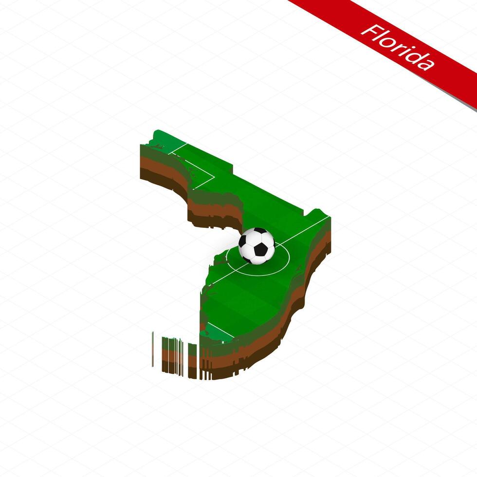 Isometric map of US state Florida with soccer field. Football ball in center of football pitch. vector